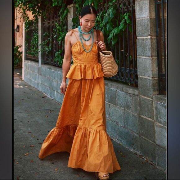 MISA Los Angeles Rosie Bustier Peplum-Waist Poplin Maxi Dress New Large - Picture 1 of 16